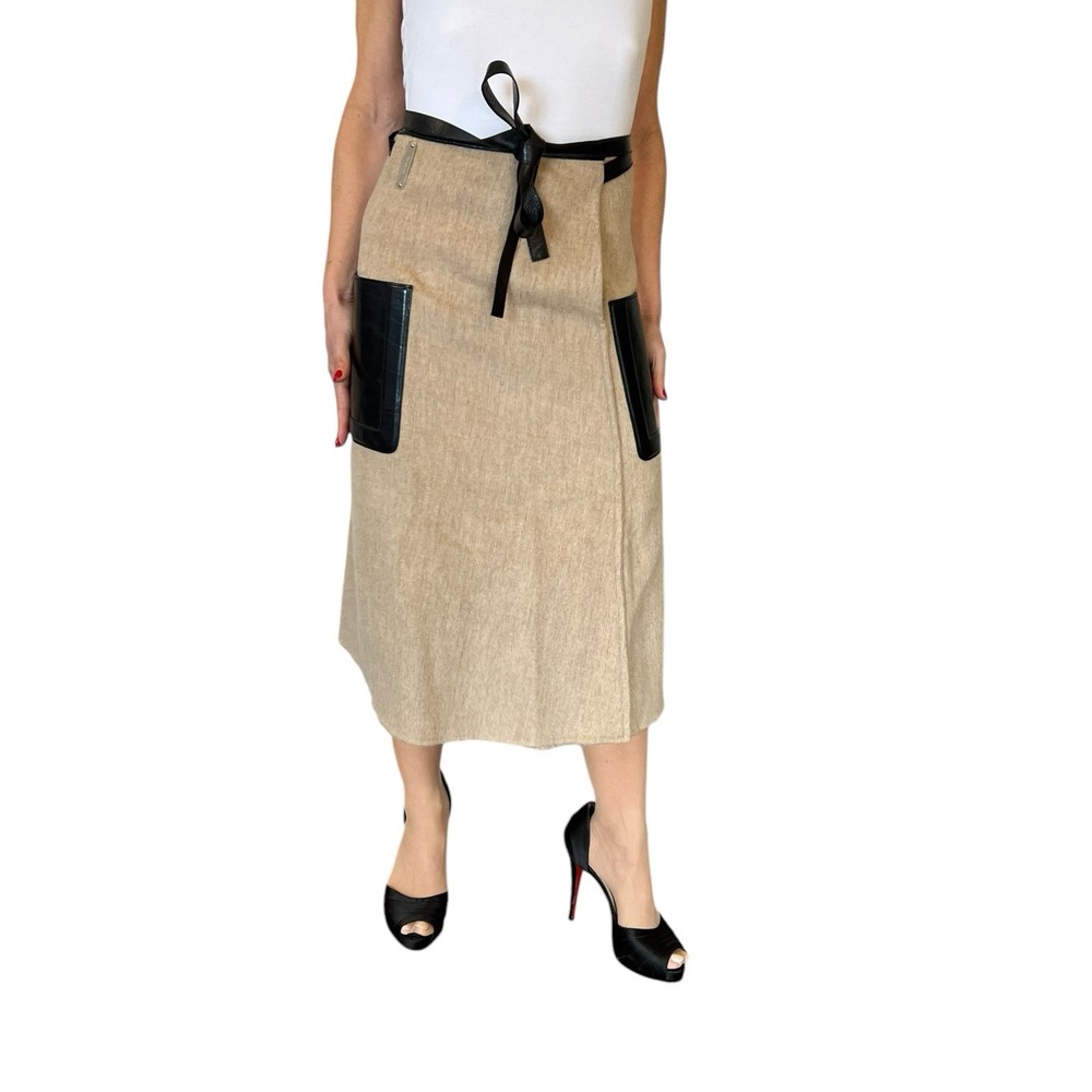 PETER DO Double-face Wool Belted Wrap Midi Skirt Leather Trim Light Camel 38 6 - Picture 3 of 16